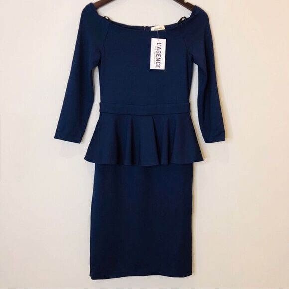 L'Agence Ophelia Off the Shoulder Peplum Bodycon Midi Dress 50s Formal Navy S - Picture 3 of 13